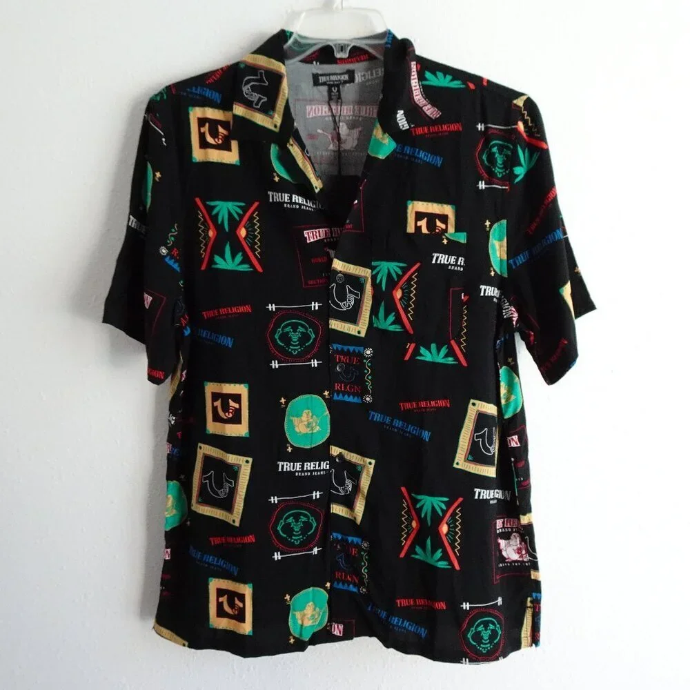 True Religion Button Up Shirt Men's Size M Black Resort Print Resortwear Camp